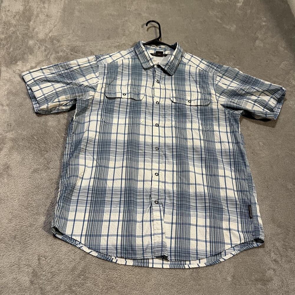 ExOfficio Shirt Mens Large Blue Plaid Short Sleeve Hiking Outdoor Button Up
